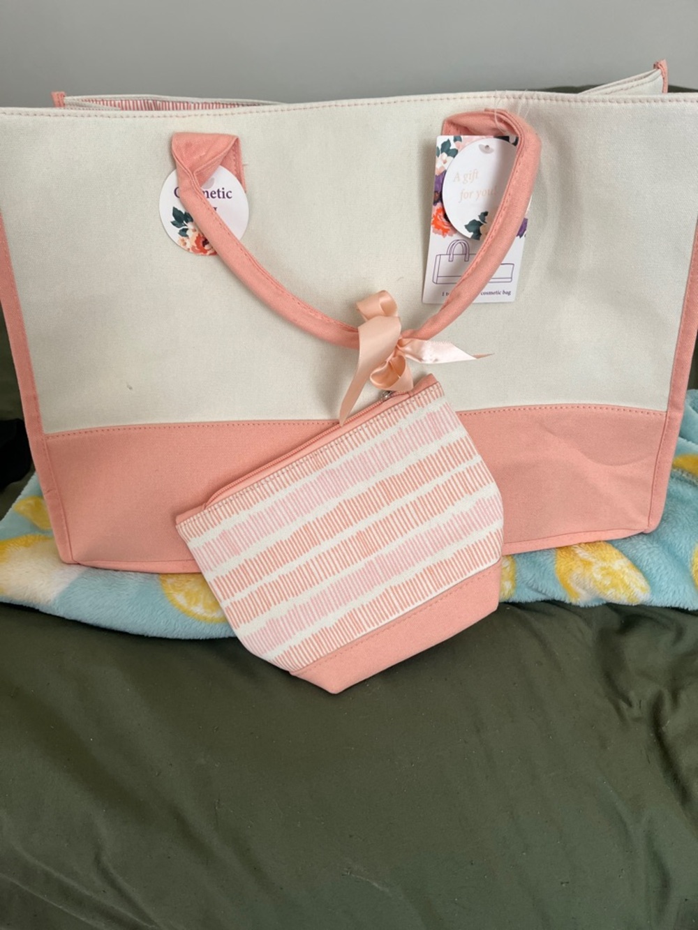 Canvas Tote Bag with Matching Pouch - Pink and Cream